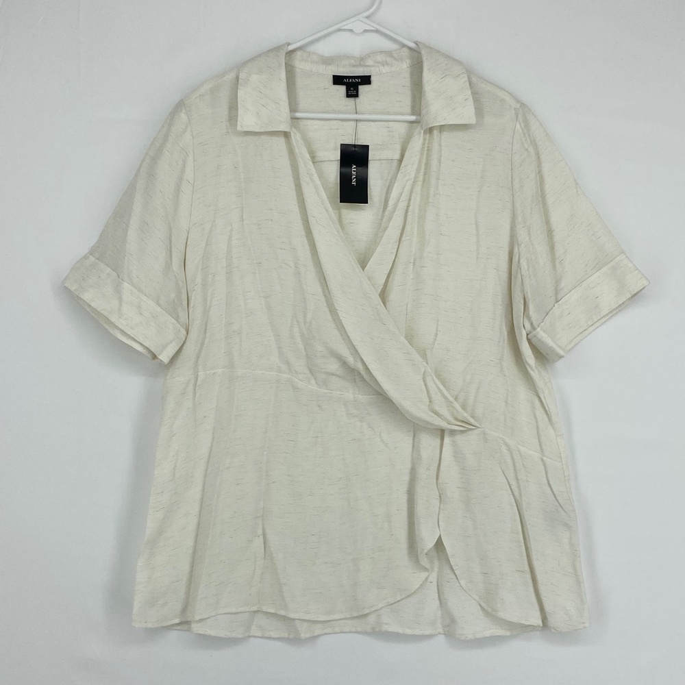 Alfani Womens XL Collared Surplice Blouse Ivory Heather Rayon Blend Short Sleeve